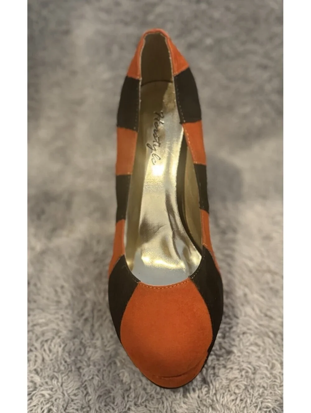 Brander Women’s 8 Platform Pumps Orange Black Colorblock Faux Suede Stiletto